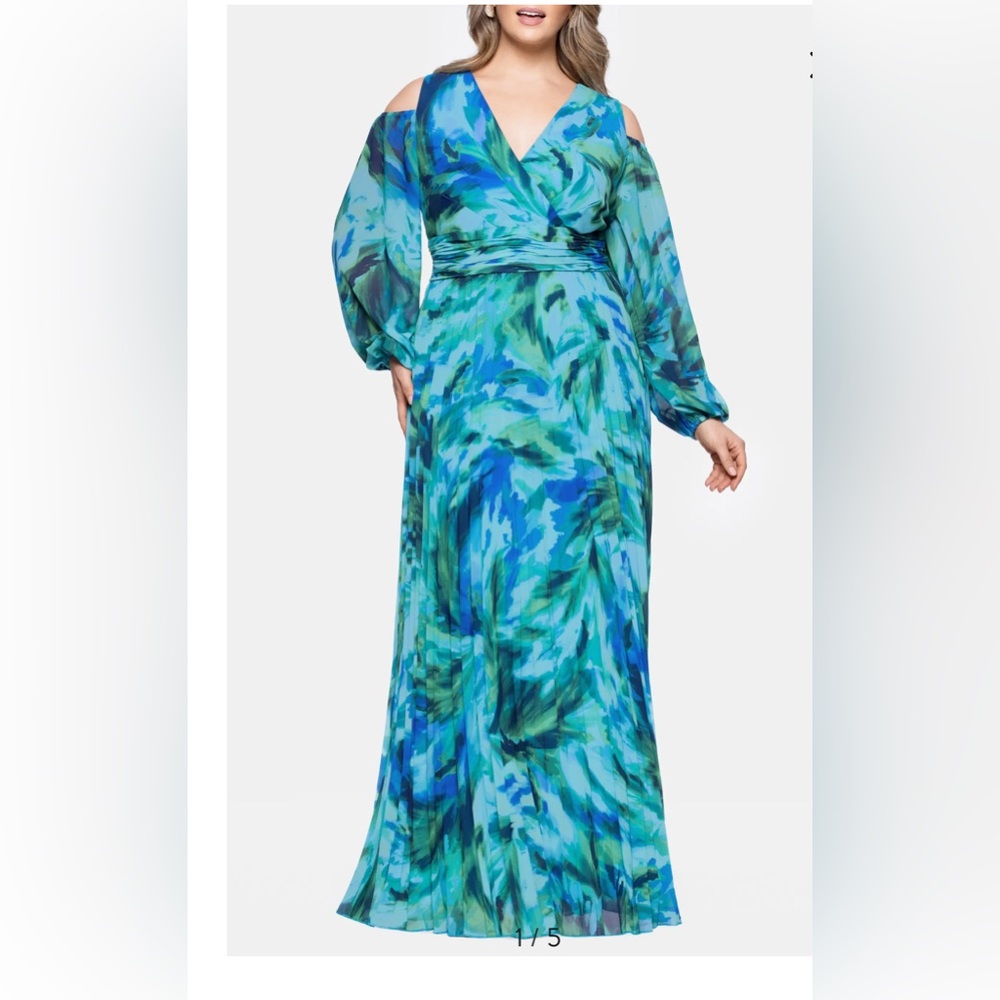 Xscape Blue and Green Printed Cold-Shoulder Maxi Dress